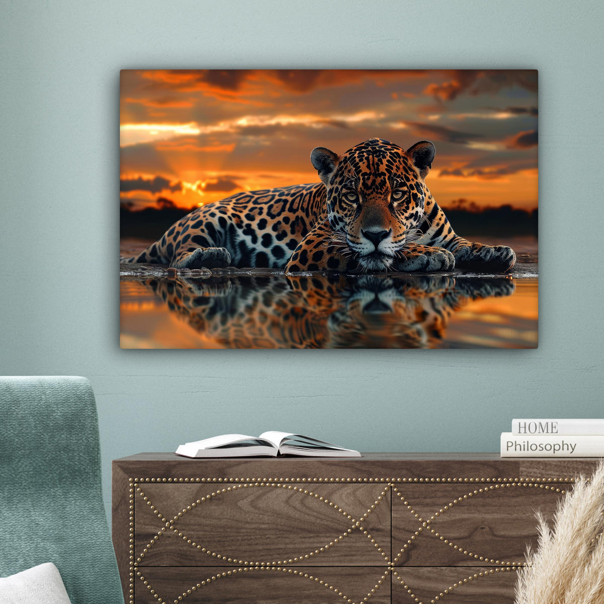 LEINWANDBILD Natur - Leopard - Tier - Sonnenuntergang - Modern Wanddeko 90x60 cm - Orange, Textil (90/60cm) - MuchoWow