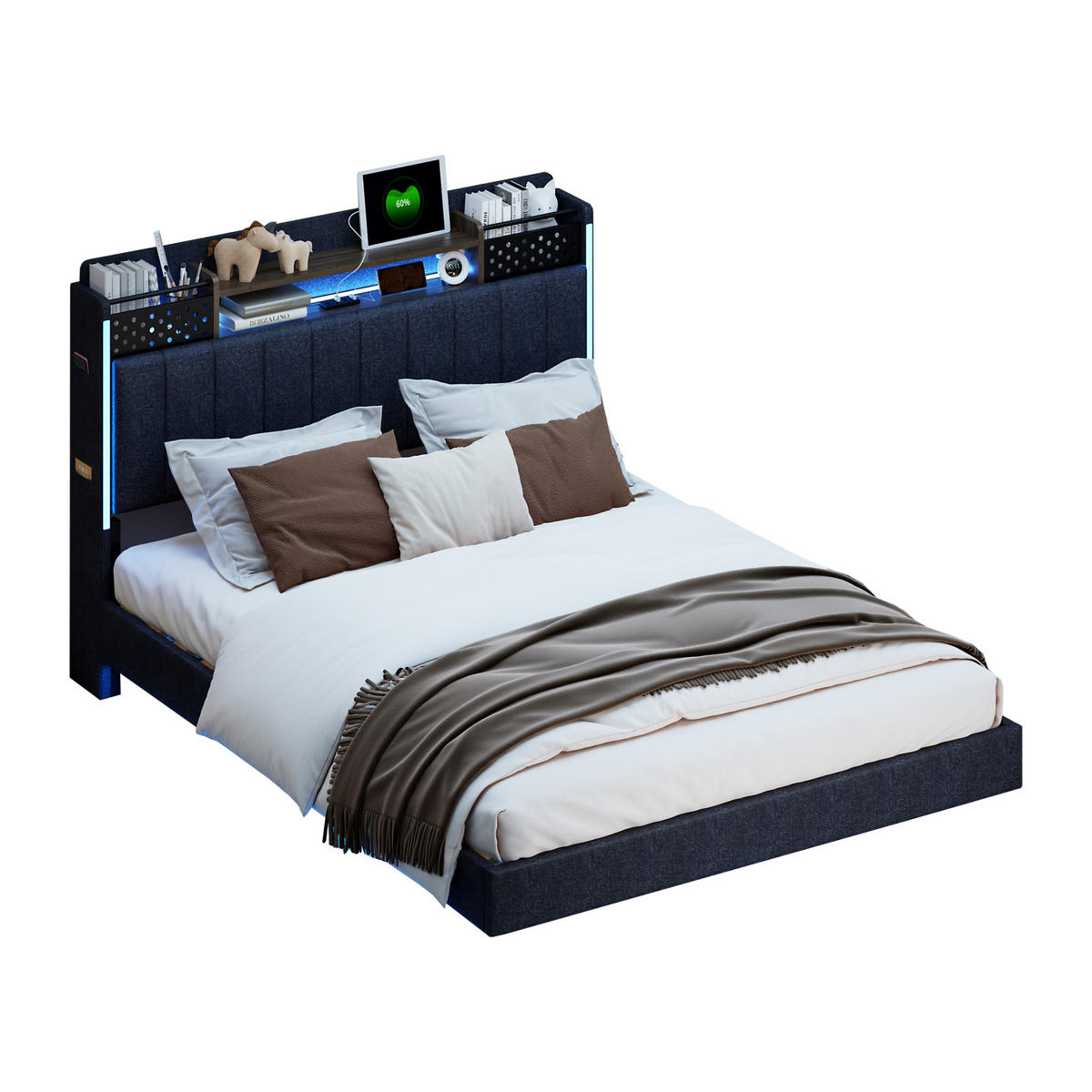 POLSTERBETT 140/200 cm grau aus Leinenstoff mit LED und USB-Anschluss mit Stauraum - Grau, Textil (140/200cm) - OKWISH