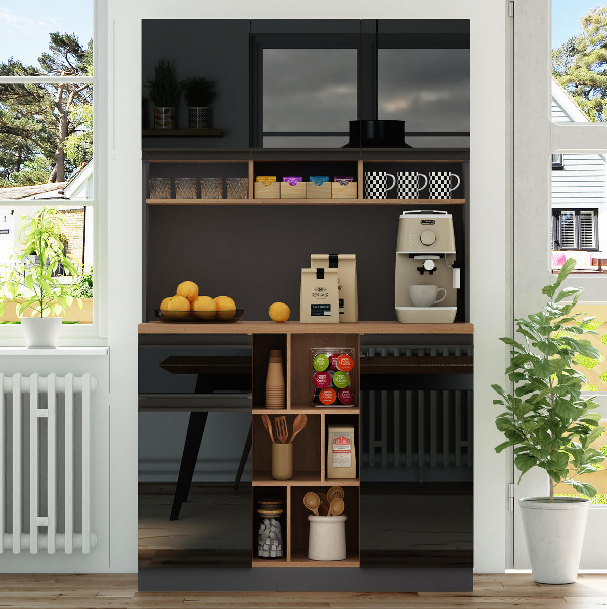 BUFFET 105/45/185 cm aus MDF mit Hochglanzfronten und offenem Stauraum Schwarz/Naturfarben - Schwarz, Holzwerkstoff (105/185/45cm) - Modenvie