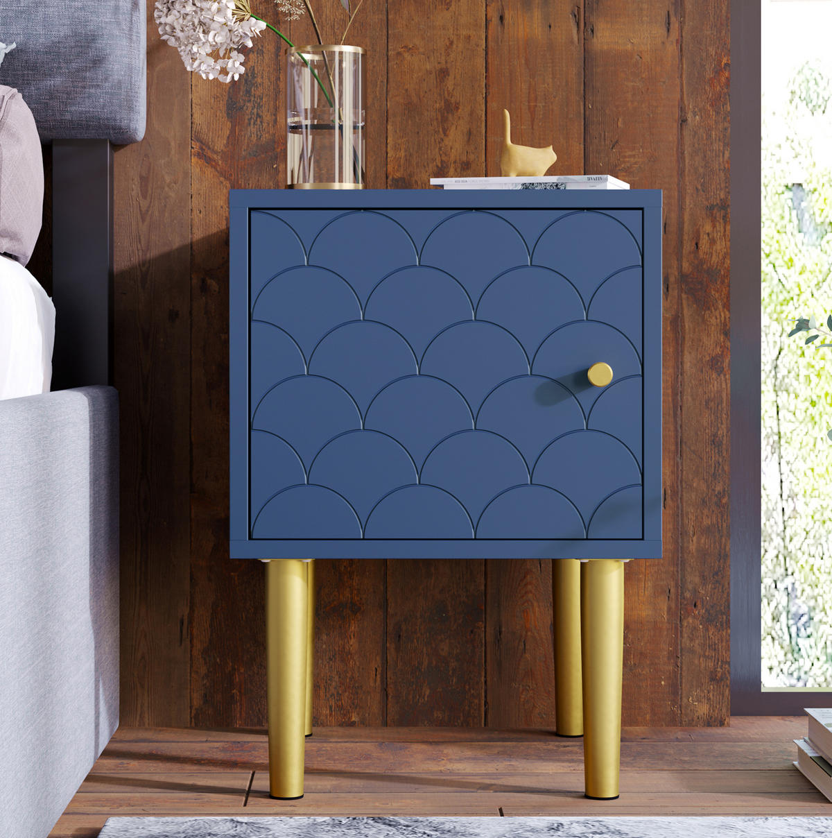NACHTTISCH 35/35/51 cm marineblau aus Holz-Metall mit Magnettür - Dunkelblau, Holz (35/51/35cm) - OKWISH