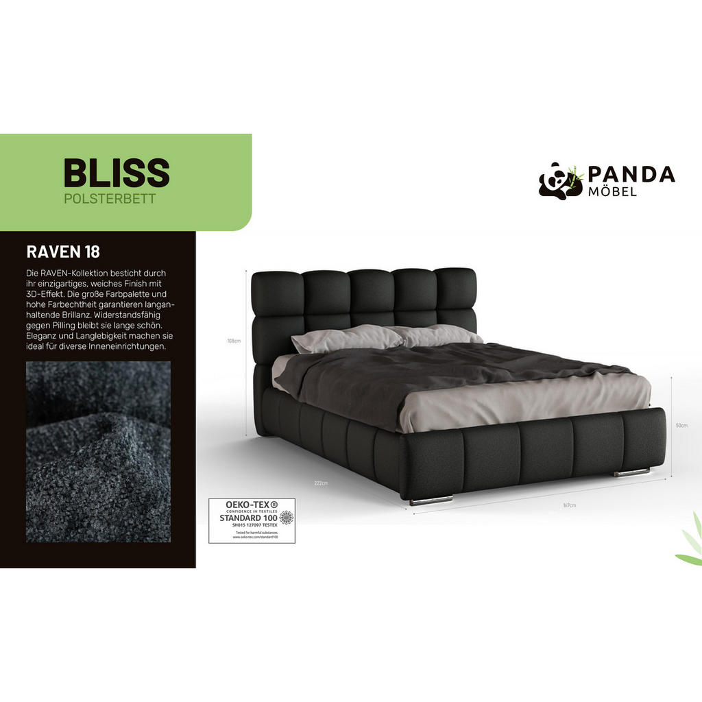 Thumbnail - Panda Möbel Polsterbett, Schwarz, Holz, Mode, 140x206 cm, Oeko-Tex® Standard 100, Schlafzimmer, Betten, Polsterbetten