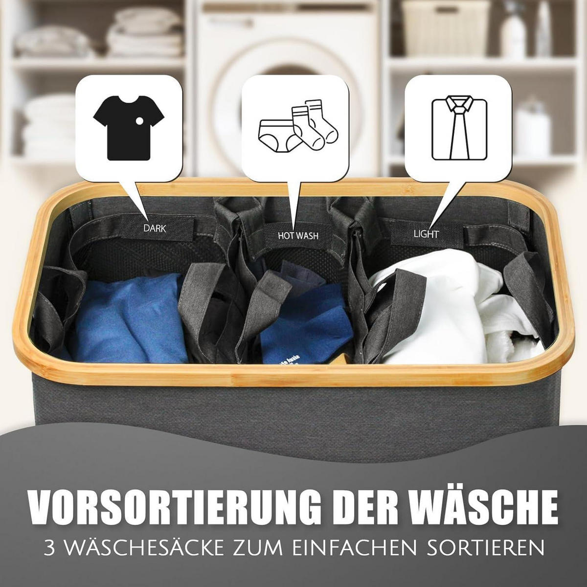 WÄSCHEKORB mit Deckel 145L 3 Fächer Dunkelgrau - Anthrazit, Textil (37/69/57cm)