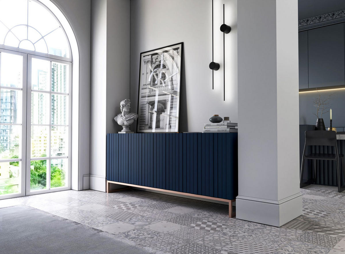 KOMMODE Elpis 3D Marineblau Matt Glamour 168 cm - Blau/Kupferfarben, Holzwerkstoff/Metall (168/72/36.5cm) - Meble Lindner