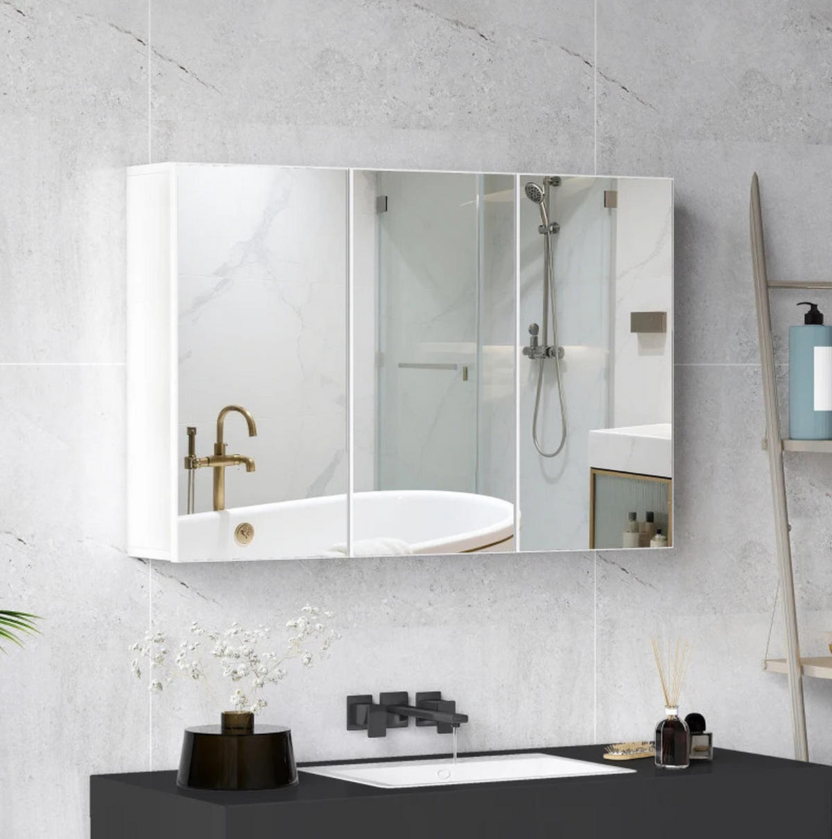 BADEZIMMER Hängeschrank 90x15.5x60 cm Weiß mit 3 Spiegeltüren & 5 Regalen - Weiß, Glas (90/60/15.5cm) - Modfu
