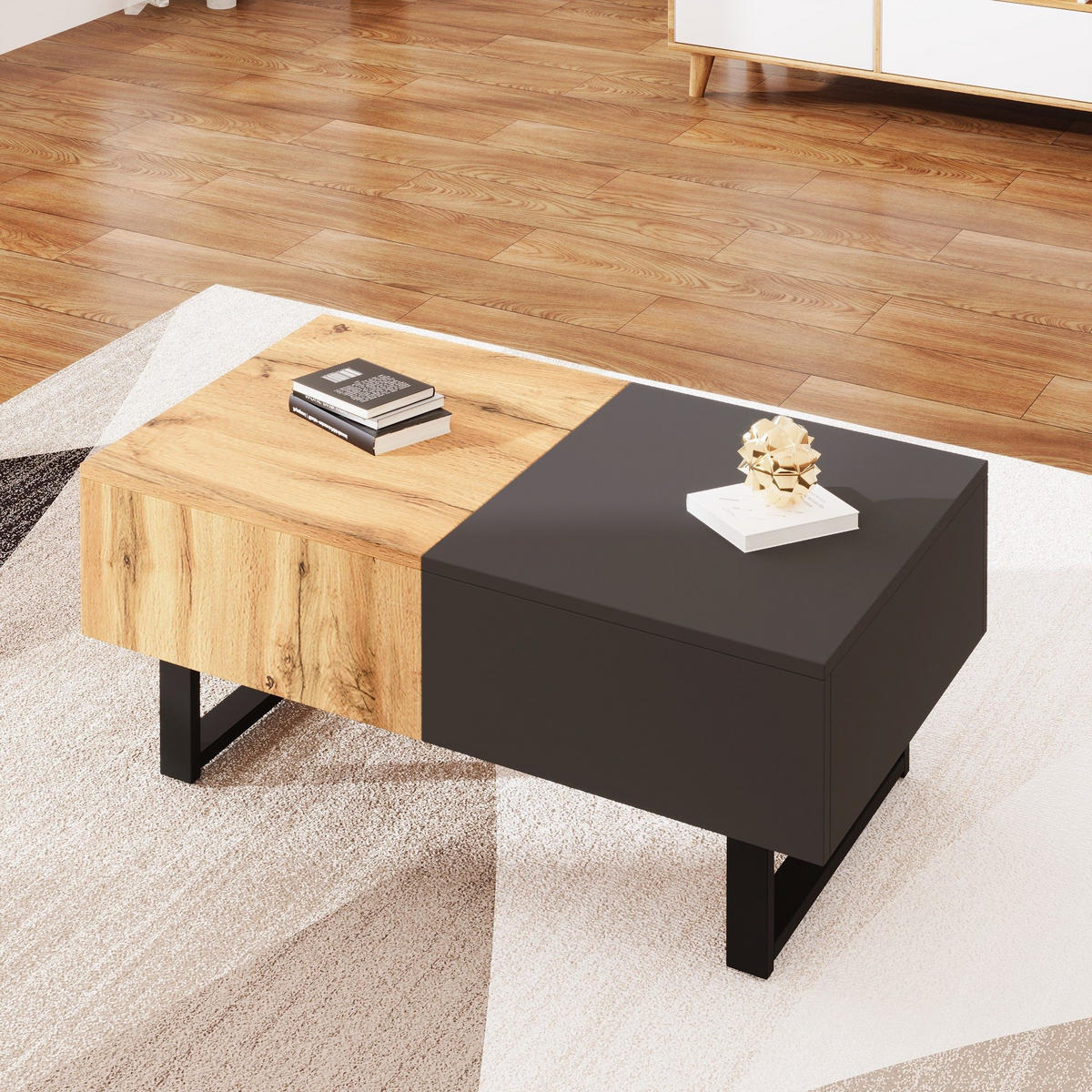 COUCHTISCH 155/55/40cm,verschiebbarer Couchtisch,Holz + Metall,Naturfarben,Grau - Naturfarben, Holz (55/155/40cm) - LVHOM