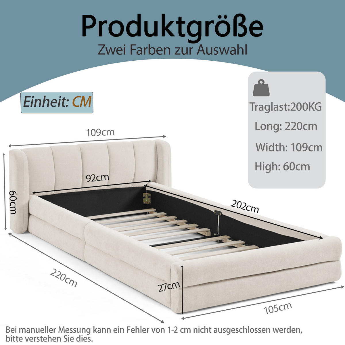 EINZELBETT 90x200 cm Chenille Rückenlehne beige - Beige, Kunststoff (90/200cm) - LEBENLANG
