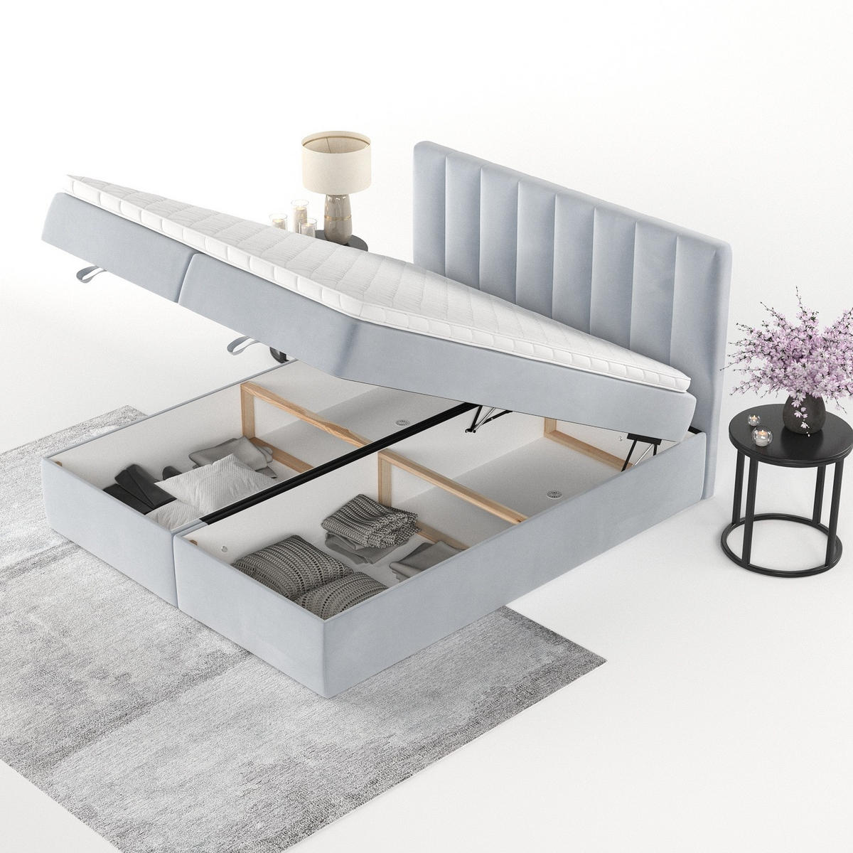 BOXBETT Lusso 200/200 cm Hellgrau im Paros Stoff - Hellgrau/Schwarz, Holz/Holzwerkstoff (200/200cm) - AltaBeds