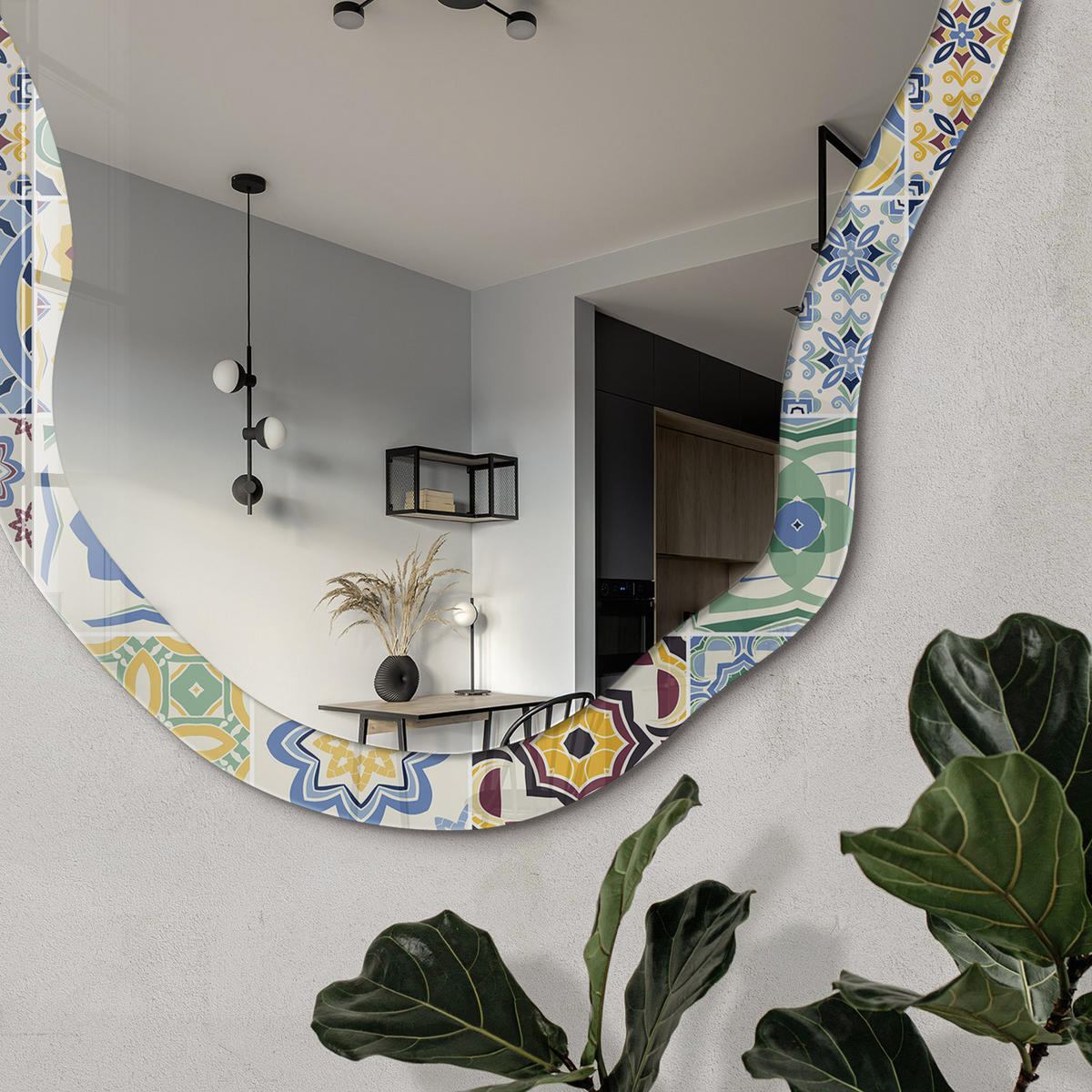SPIEGEL 90x45 cm asymmetrisch mit Druck - Fröhliche Mosaike - Transparent, Glas (45/90/0.4cm) - TULUP