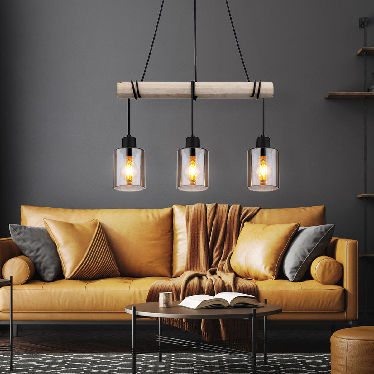 HÄNGELEUCHTE Holz Braun Glas rauchfarben - Braun, Holz (50/10/140cm) - Globo Lighting