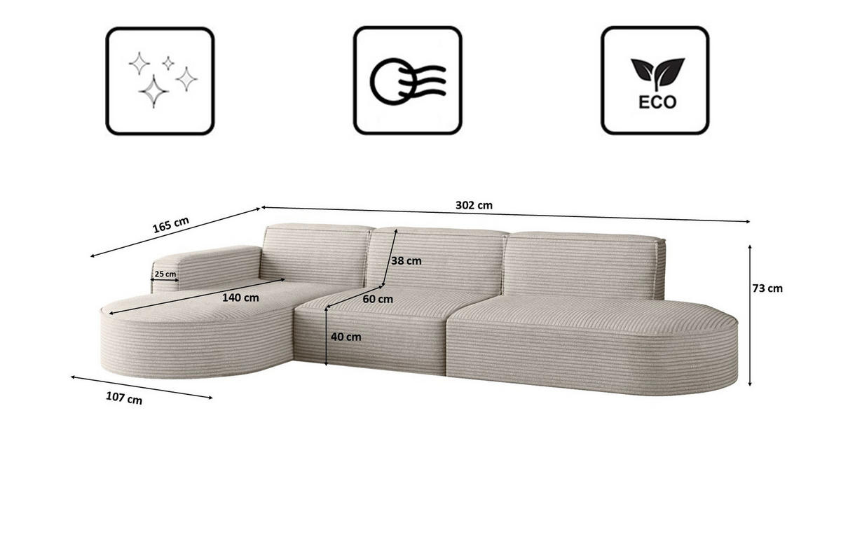 ECKSOFA Designer, Sofa L form MODENA 302 cm stoff Poso Beige Links - Beige, Holz (302/296cm) - Kaiser Möbel