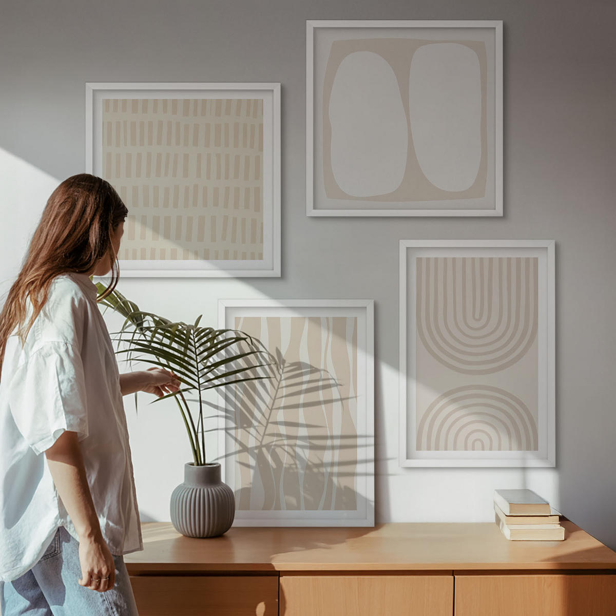 BILDER SET 4er Set - 50x50 cm & 40x60 cm Weißer Rahmen - Abstrakte Boho-Musterformen - Weiß, Kunststoff (50/50cm) - TULUP