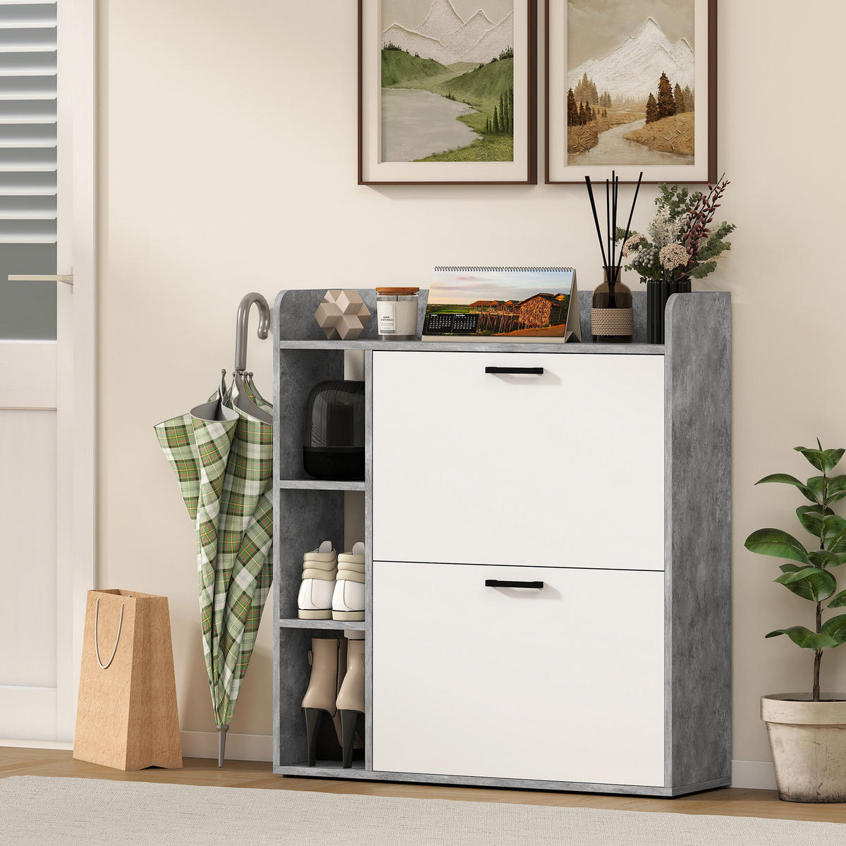 SCHUHSCHRANK Weiß und Grau Spanplatte mit Klappfächern platzsparend 1 Stück - Grau, Holzwerkstoff (83/90.5/24cm) - PANGIVO