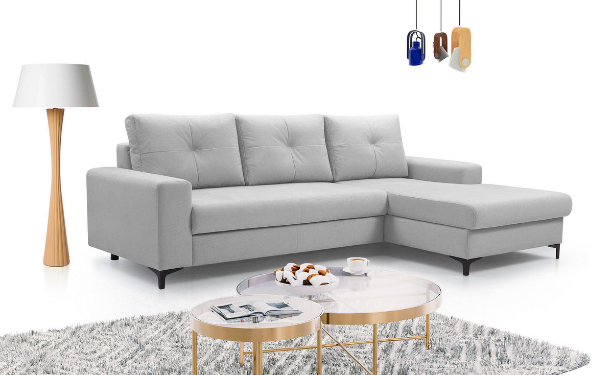 ECKSOFA AVRA L-förmig, mit Stauraumbehälter-in RINO-Stoff, Komfort & Eleganz, lose Rückenkissen, freistehend, RECHTS 251x165x85 cm Grey - Grau, Holz/Textil (251/165cm) - DomoHome