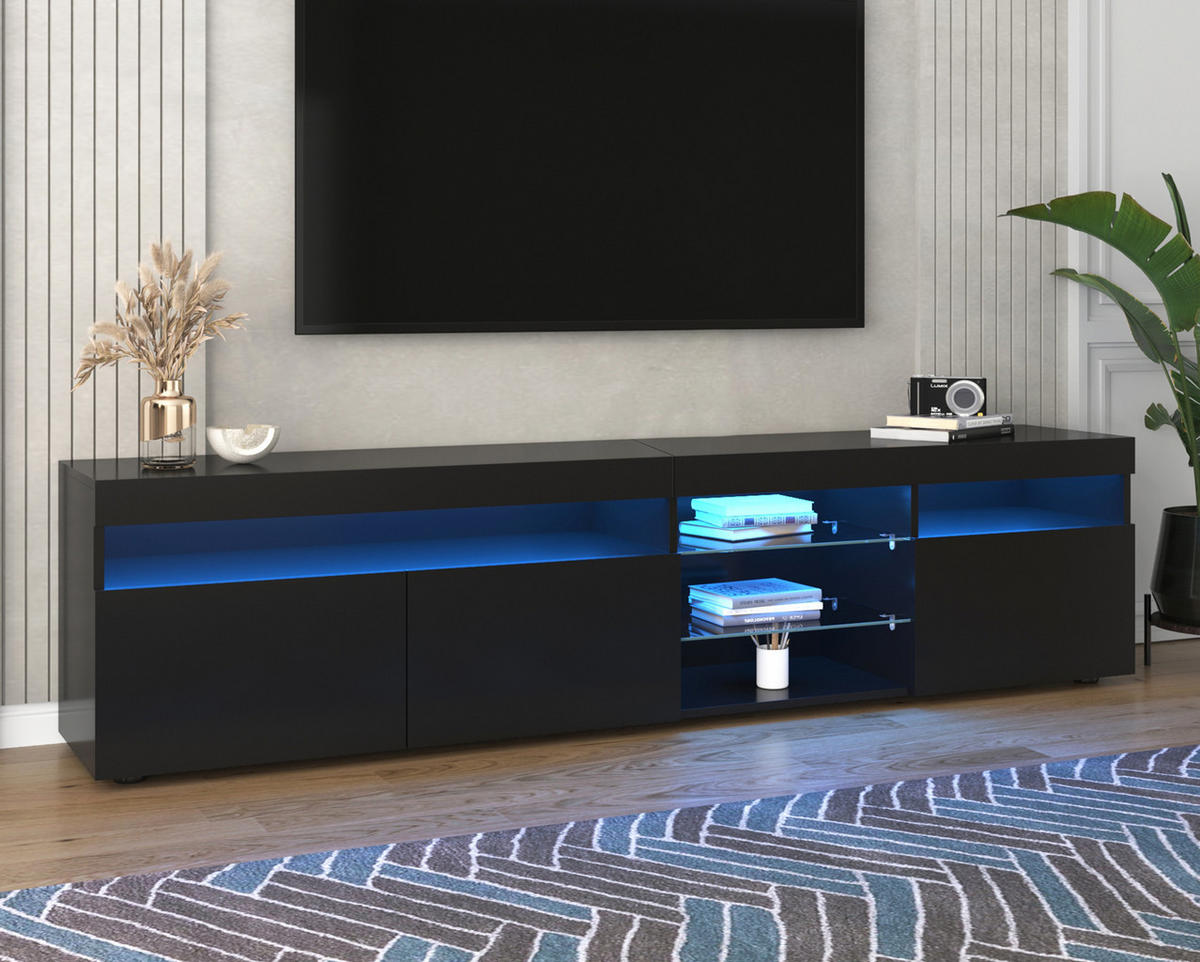 TV-SCHRANK in Schwarz Hochglanz mit LED Beleuchtung und Türen 180/35/48 cm - Schwarz, Holzwerkstoff (180/48/35cm) - Redom