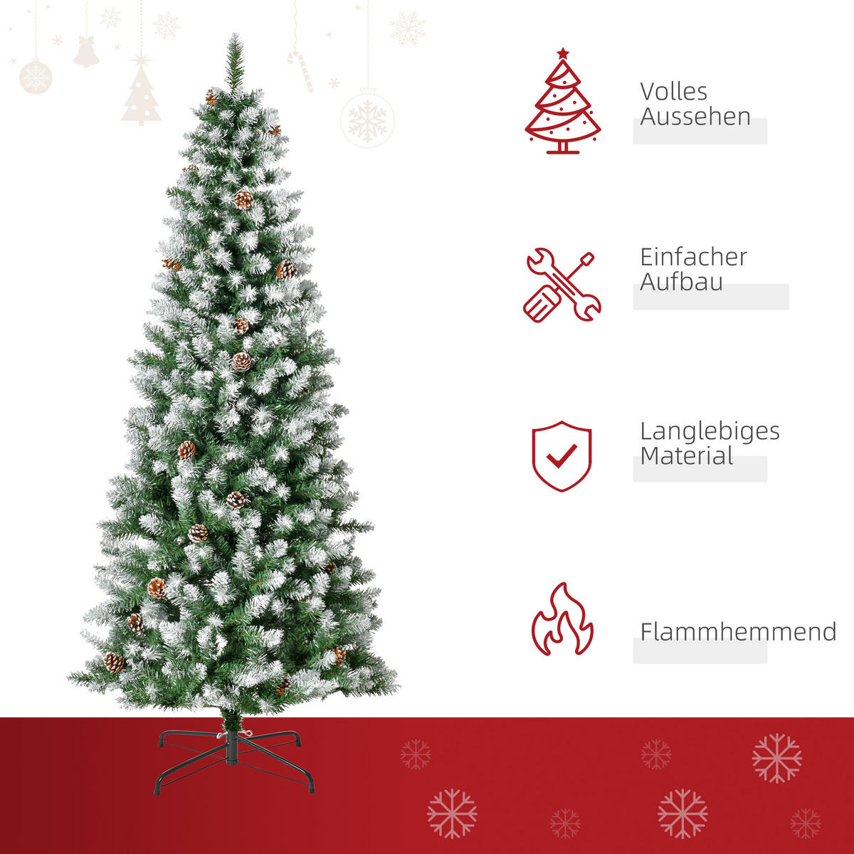 KÜNSTLICHER Weihnachtsbaum, 180 cm Christbaum mit Kunstschnee, Indoor - Grün, Kunststoff/Metall (180cm) - HOMCOM
