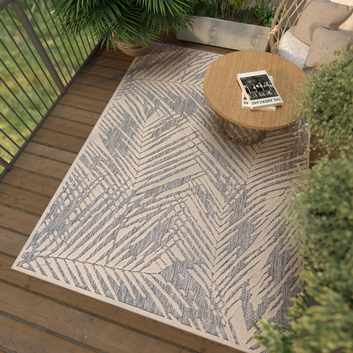 TEPPICH Beige In-Outdoor - Kurzflor Rechteckig - Motiv Pflanzen,Blätter,Blumen - Grau - 120 x 170 cm - Hellgrau/Creme, Textil (120/170cm) - Mazovia