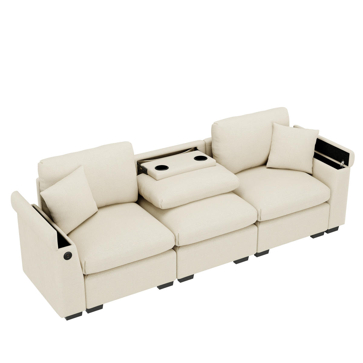 3-SITZER Sofa Chenille mit Klapptisch USB-Anschluss und Stauraum 242/80/88 cm Beige - Beige, Kunststoff/Textil (80/88/242cm) - Redom