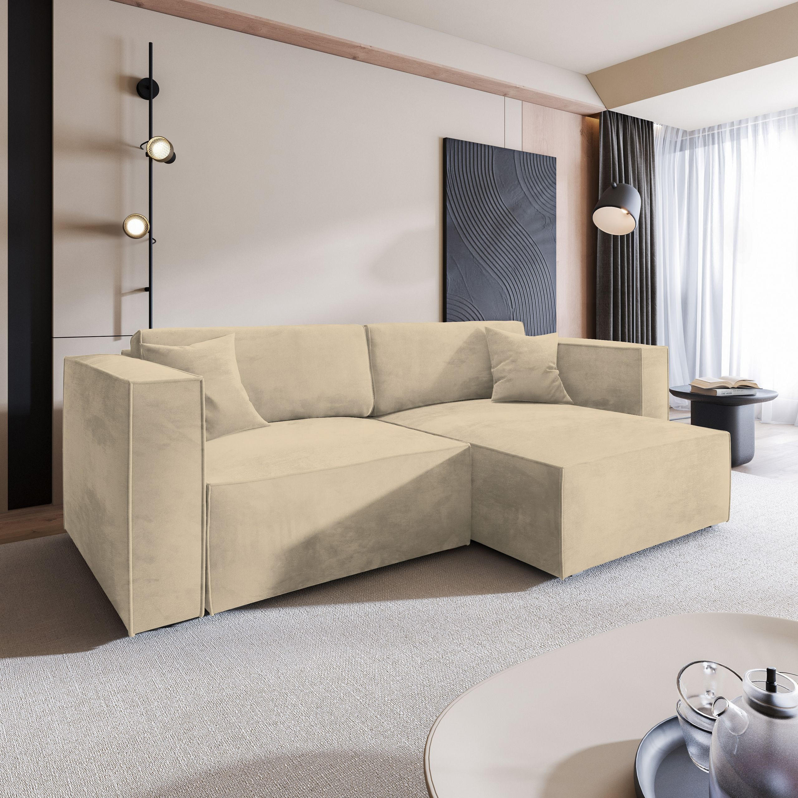 ECKSOFA NERIO M Creme Velours-Stoff mit Schlaffunktion - Creme, Holz (245/148cm) - MASSENO