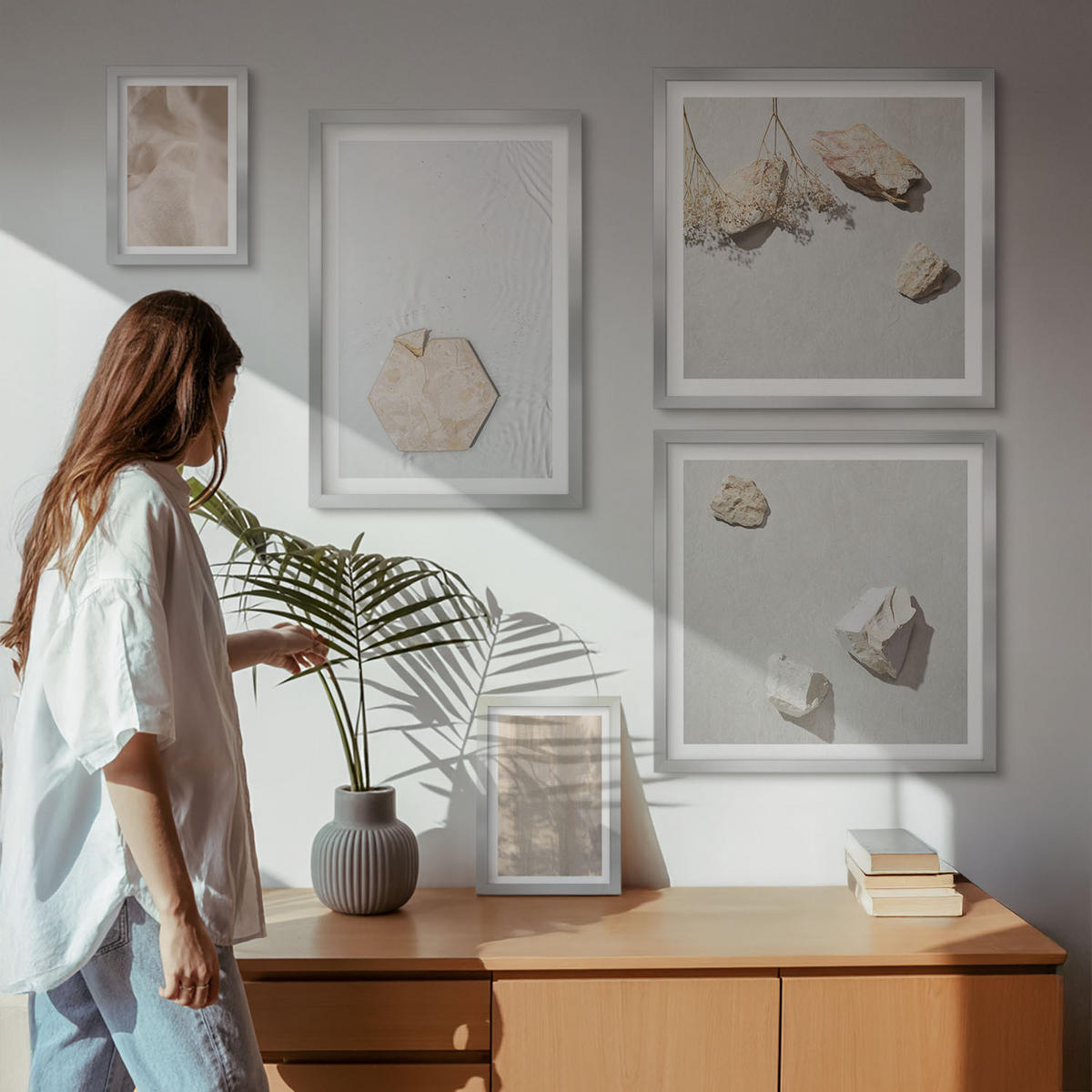 WANDBILDER 5er Set - 50x50 cm & 20x30 cm & 40x60 cm Silberner Rahmen - Dezente Boho-Naturtexturen - Silberfarben, Kunststoff (40/60cm) - ArtPrintCave
