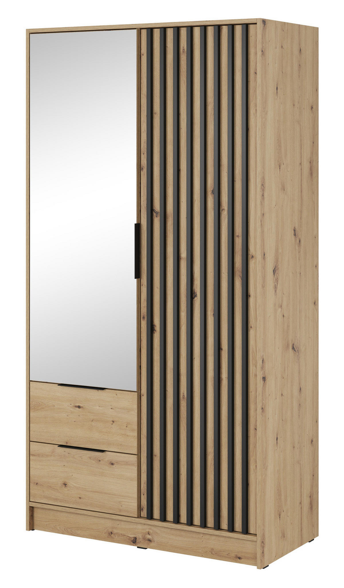 KLEIDERSCHRANK Stilo in Eiche Artisan, zweitürig, mit Spiegel und Lamellen an der Vorderseite - Schwarz/Eiche Artisan, Holzwerkstoff/Kunststoff (105/200/51cm) - Ravio