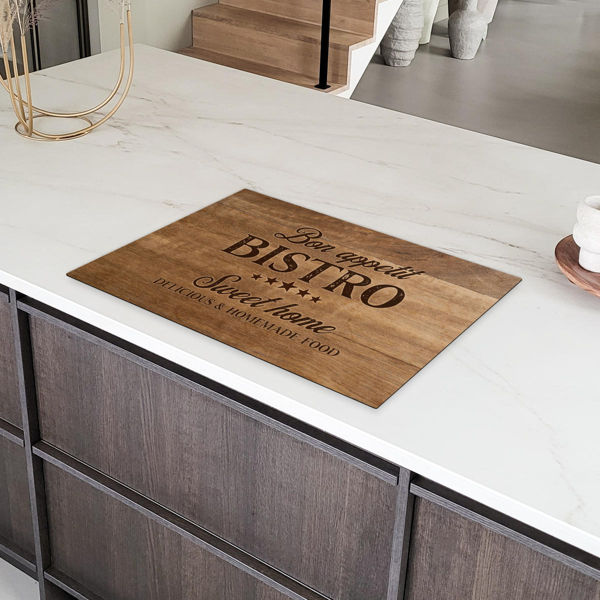 HERDABDECKPLATTE Zitat - Bistro - Guten Appetit - Süßes Zuhause - Holzmaserung 77x51 cm - Braun, Kunststoff (77/0.2/51cm) - MuchoWow