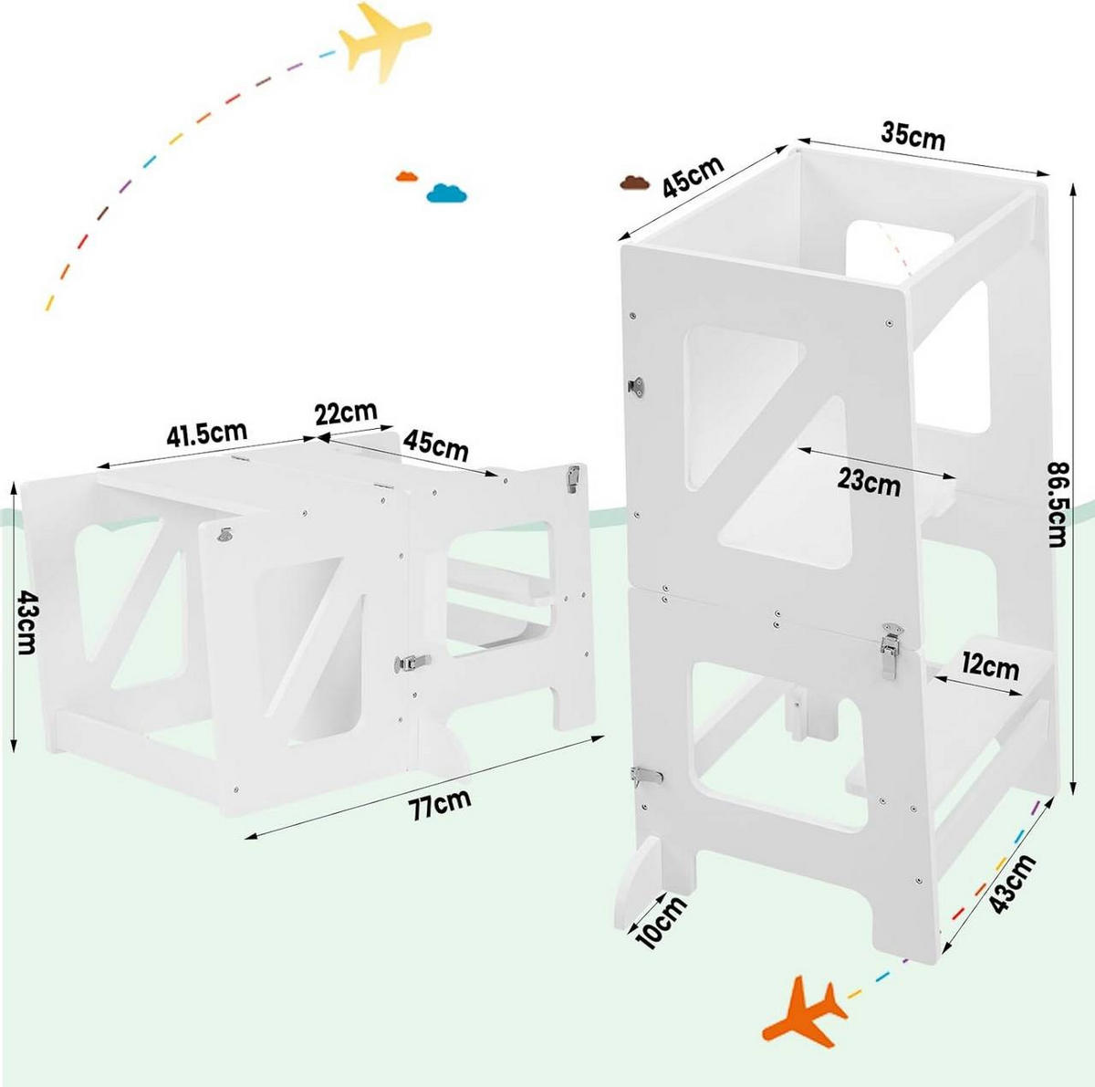 LERNTURM 3 in 1, mit Rausfallschutz, Weiß - Weiß, Holzwerkstoff (45/86.5/35cm) - Woltu