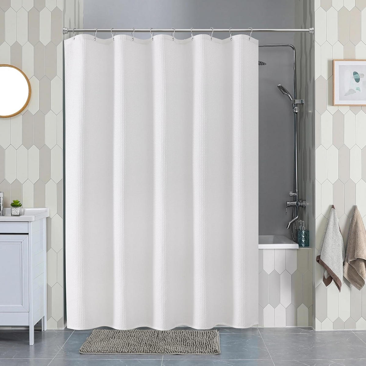 DUSCHVORHANG Weiß Waffelstruktur Polyester wasserdicht schimmelresistent mit Ringen - Weiß, Textil (182/152cm) - MCBOSON
