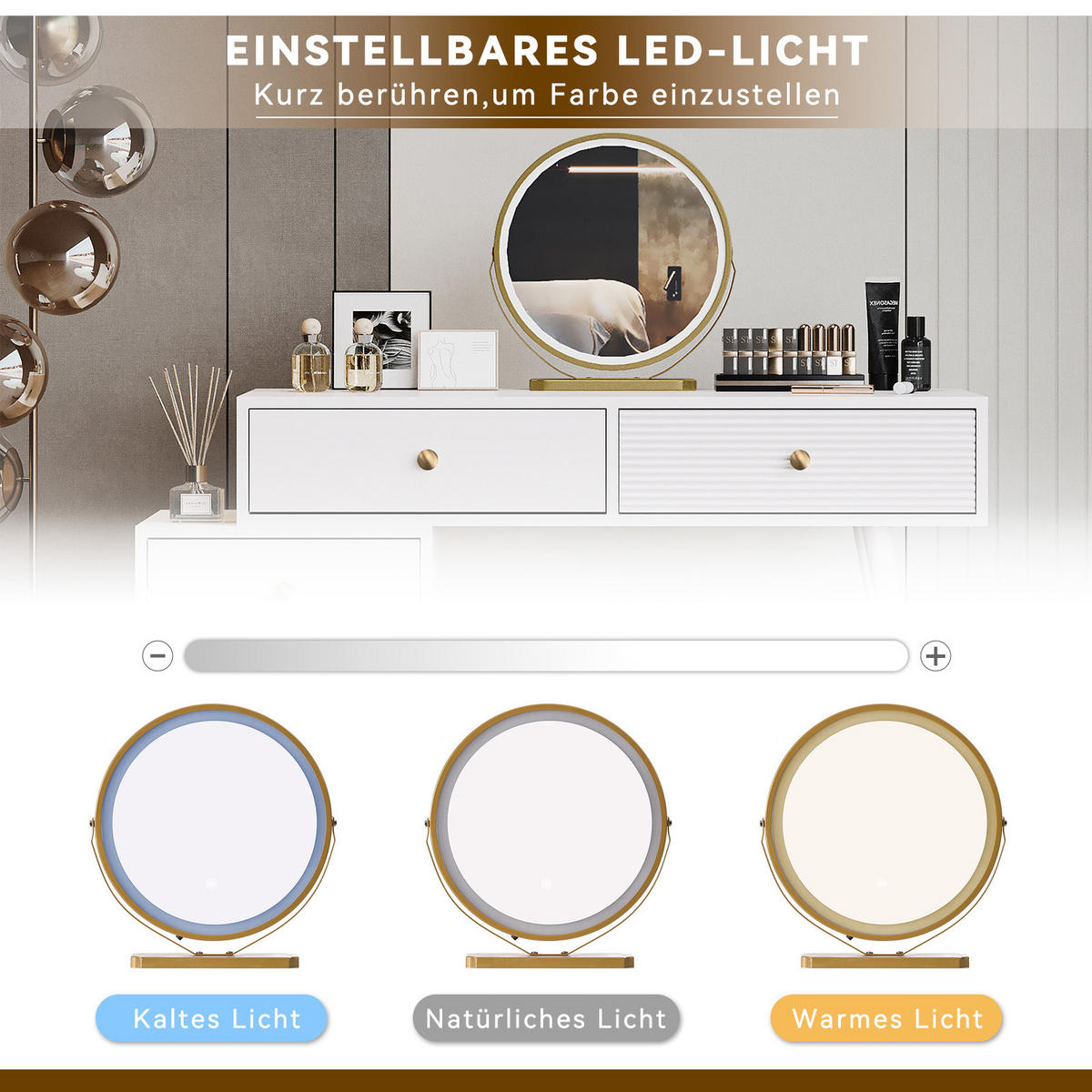SCHMINKTISCH in Weiß mit LED-Touch-Spiegel & flexiblem Seitenschrank - Weiß, Holzwerkstoff (100/78/40cm) - Urban Meuble