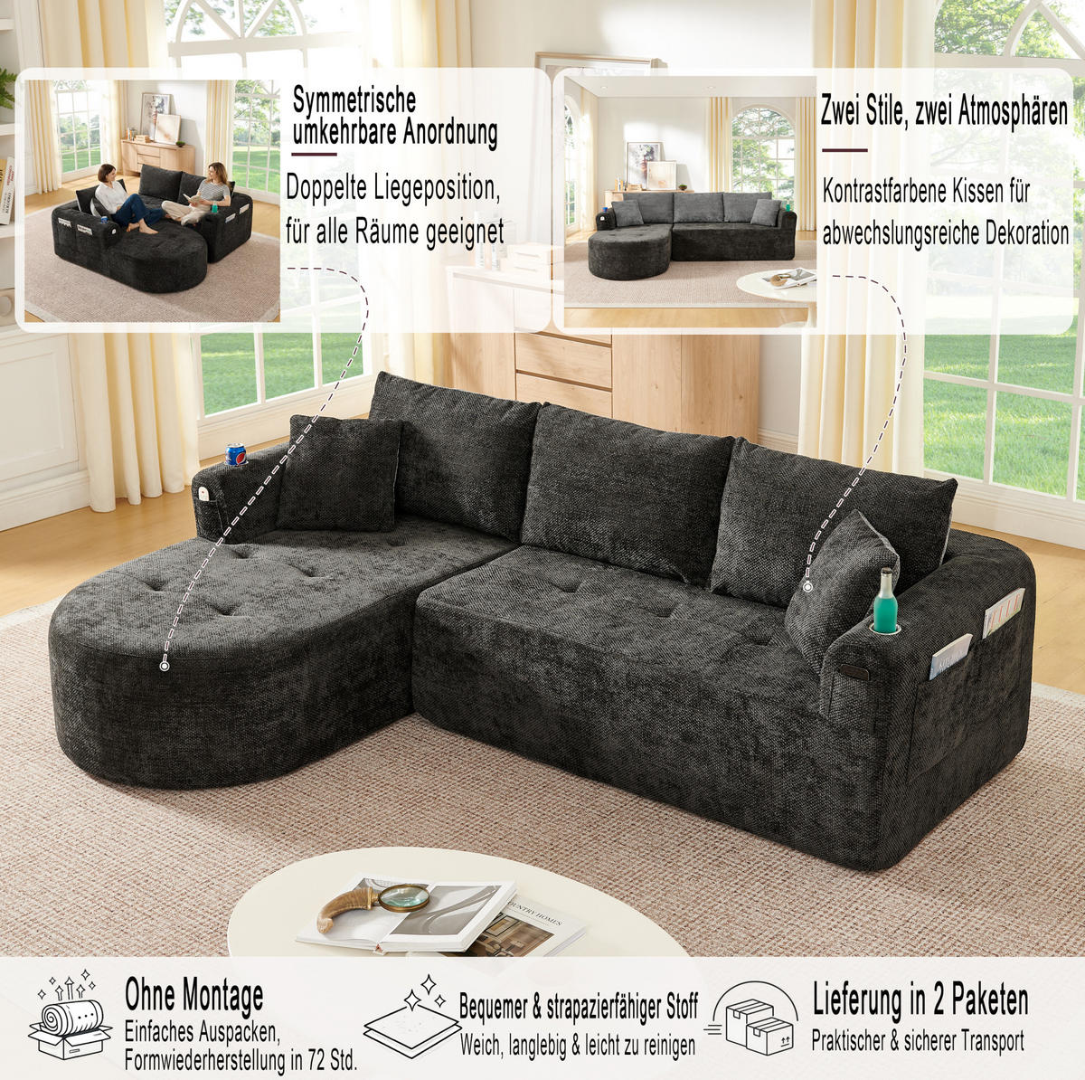 ECKSOFA L-Form montagefrei mit Edelstahl-Becherhalter, Seitentaschen und Leinenbezug, Schwarz - Schwarz, Textil (255/170cm) - Redom