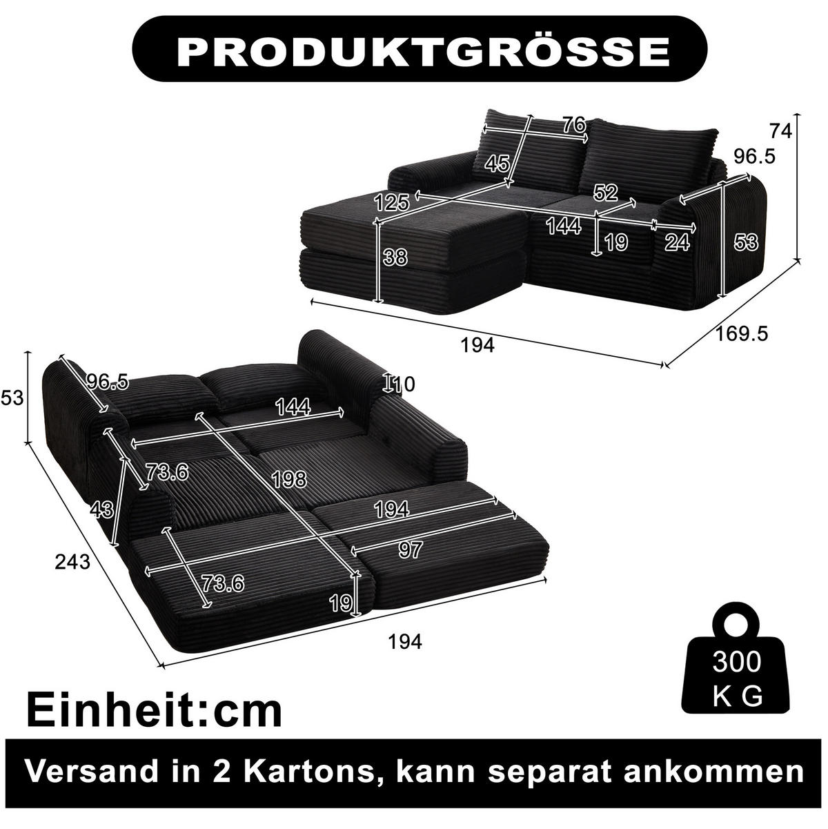 SCHLAFSOFA in Schwarz – modular, mit umstellbarer Fußstütze - Schwarz, Textil (243/53/194cm) - BEAOK