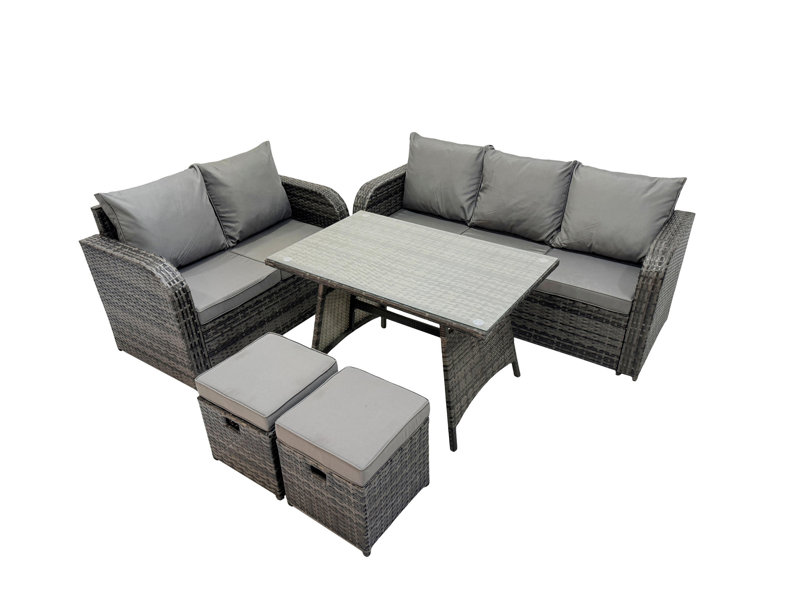 GARTENMÖBEL SET Polyrattan Dunkelgrau 7-Sitzer - Dunkelgrau/Grau, Glas/Kunststoff - Fimous