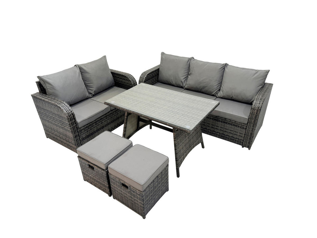 GARTENMÖBEL SET Polyrattan Dunkelgrau 7-Sitzer - Dunkelgrau/Grau, Glas/Kunststoff - Fimous