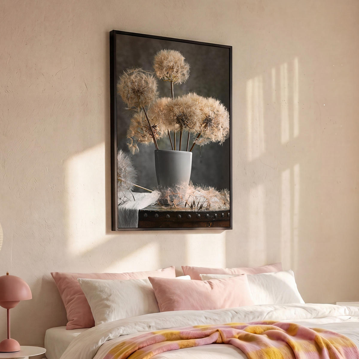 LEINWAND Bilder mit Rahmen - Blumensamen - Löwenzahn - Vase - Stilleben - Blumenstrauß - 100x150 - Dunkelgrau, Textil (100/150cm) - MuchoWow
