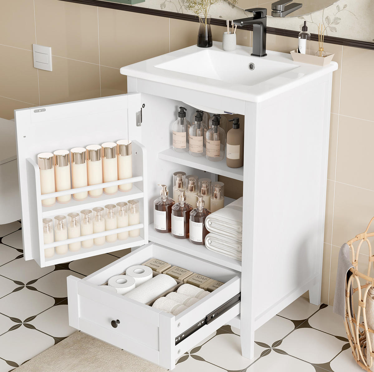 WASCHTISCHKOMBI 51/46/85 cm Weiß aus Keramik und MDF mit verstellbarem Regal - Weiß, Holzwerkstoff (51/85/46cm) - OKMYHOME