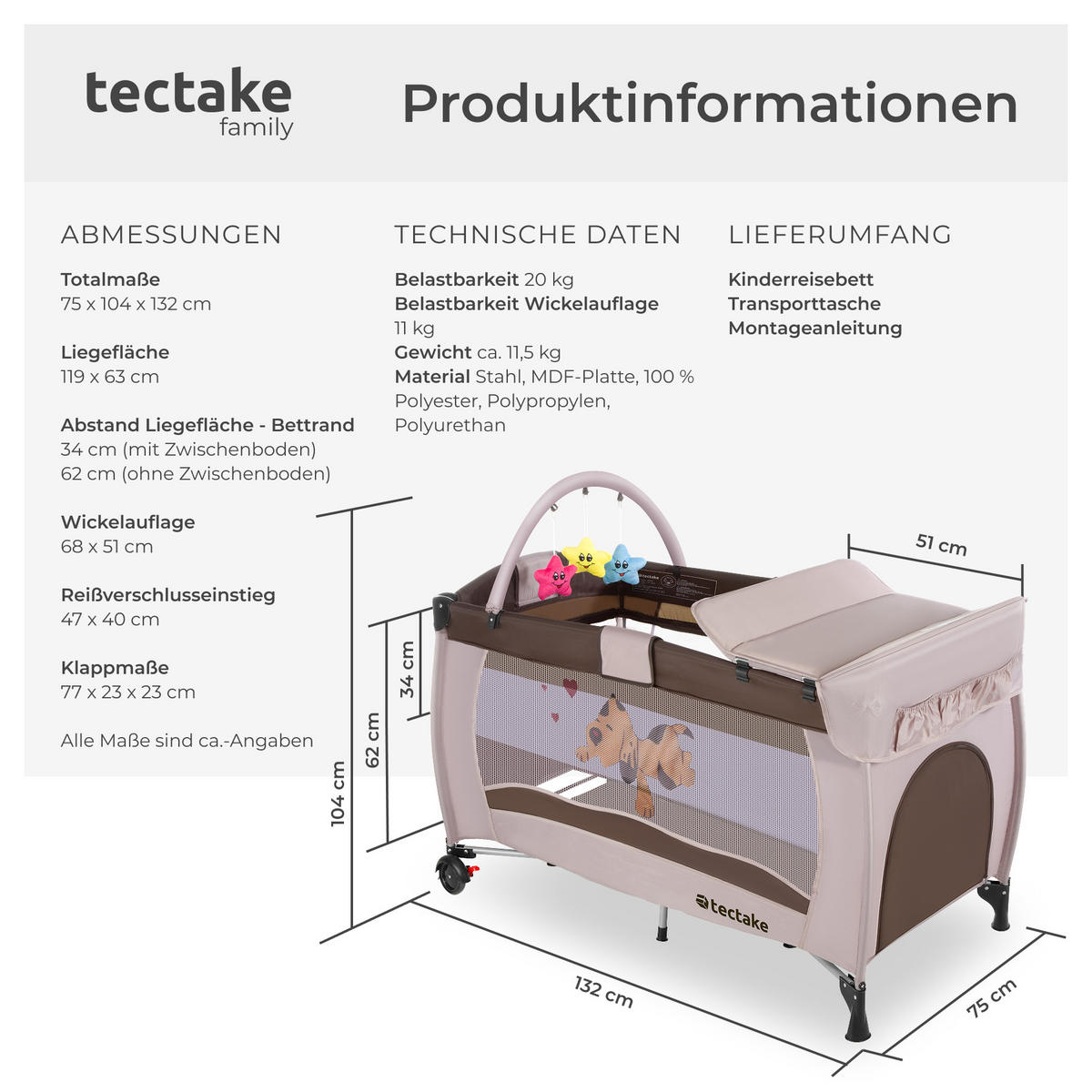 KINDER REISEBETT Hund,inklusive Tragetasche, 132 x 75 x 104 cm,braun - Braun, Kunststoff (75/104/132cm) - tectake