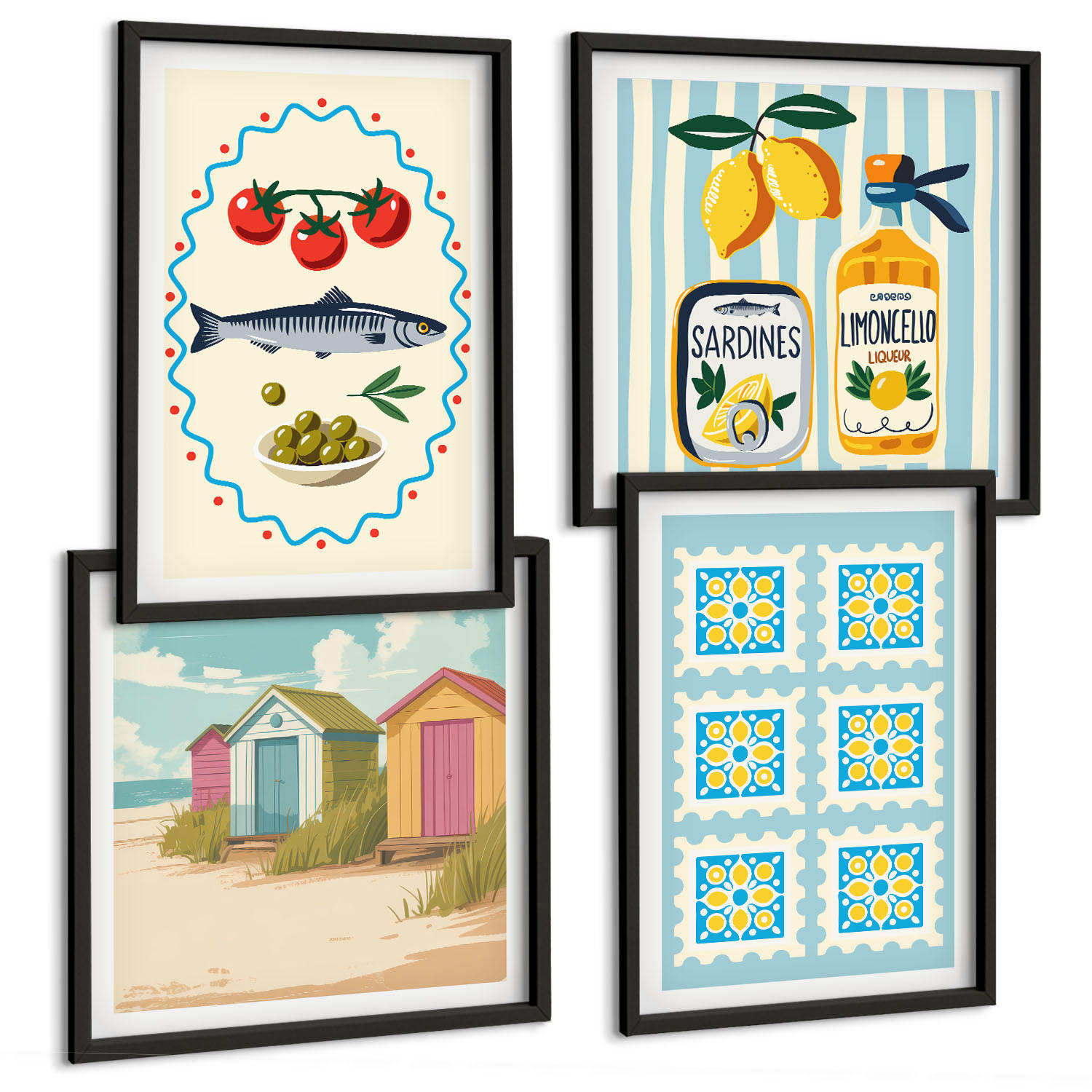 BILDER SET 4er Set - 50x50 cm & 40x60 cm Schwarzer Rahmen - Illustrationen der mediterranen Küche - Schwarz, Kunststoff (50/50cm) - TULUP