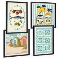 BILDER SET 4er Set - 50x50 cm & 40x60 cm Schwarzer Rahmen - Illustrationen der mediterranen Küche - Schwarz, Kunststoff (50/50cm) - TULUP