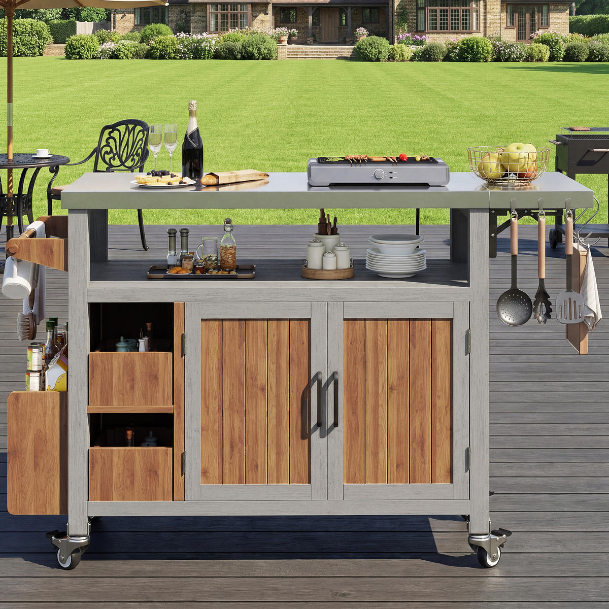 SERVIERWAGEN Massivholz/Edelstahl - Naturfarben, Metall (47/92/138cm) - ComfortXL