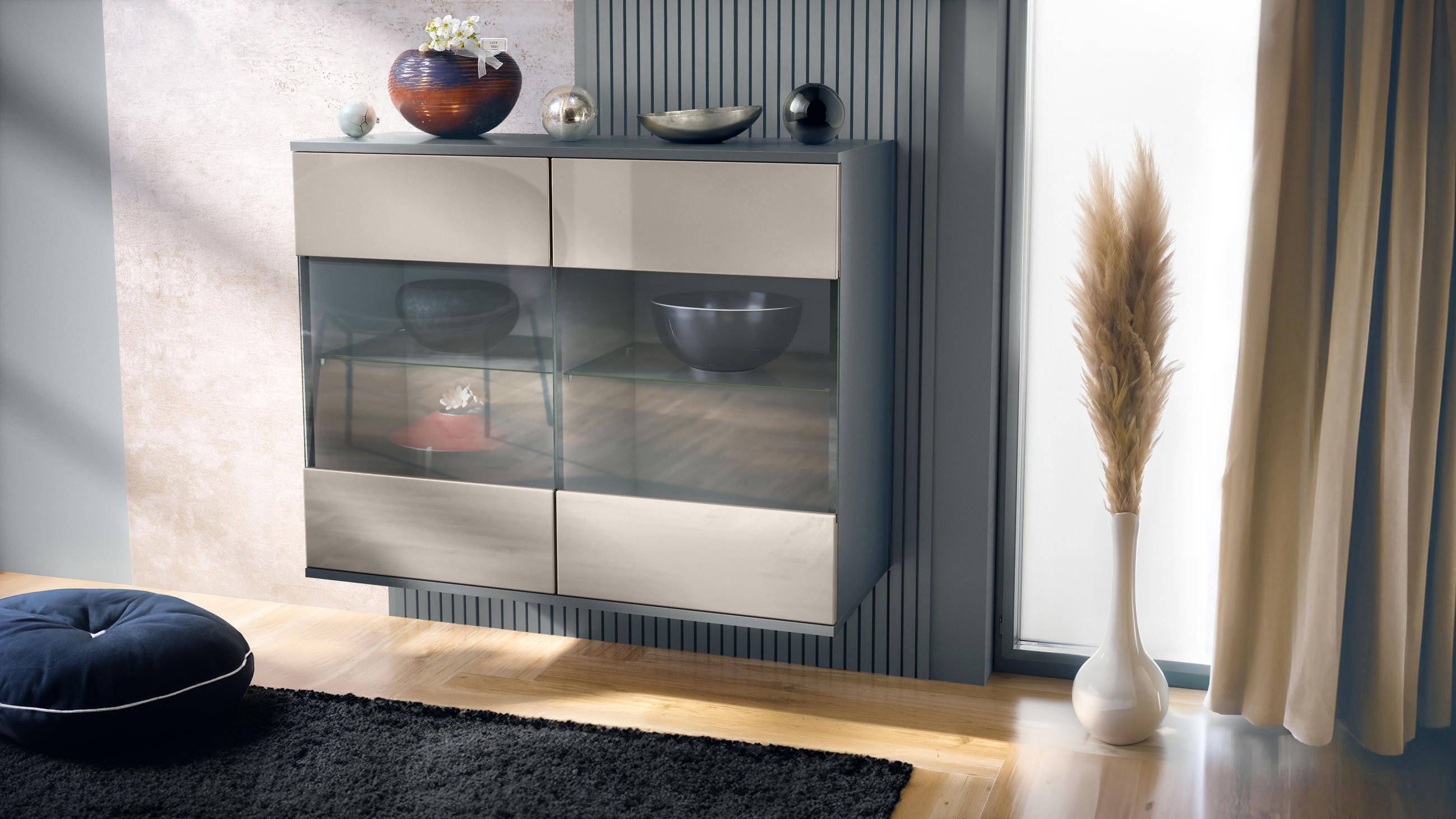 KOMMODE Bari Sandgrau Hochglanz - Sandfarben, Holzwerkstoff (92.5/73.5/35cm) - Vladon