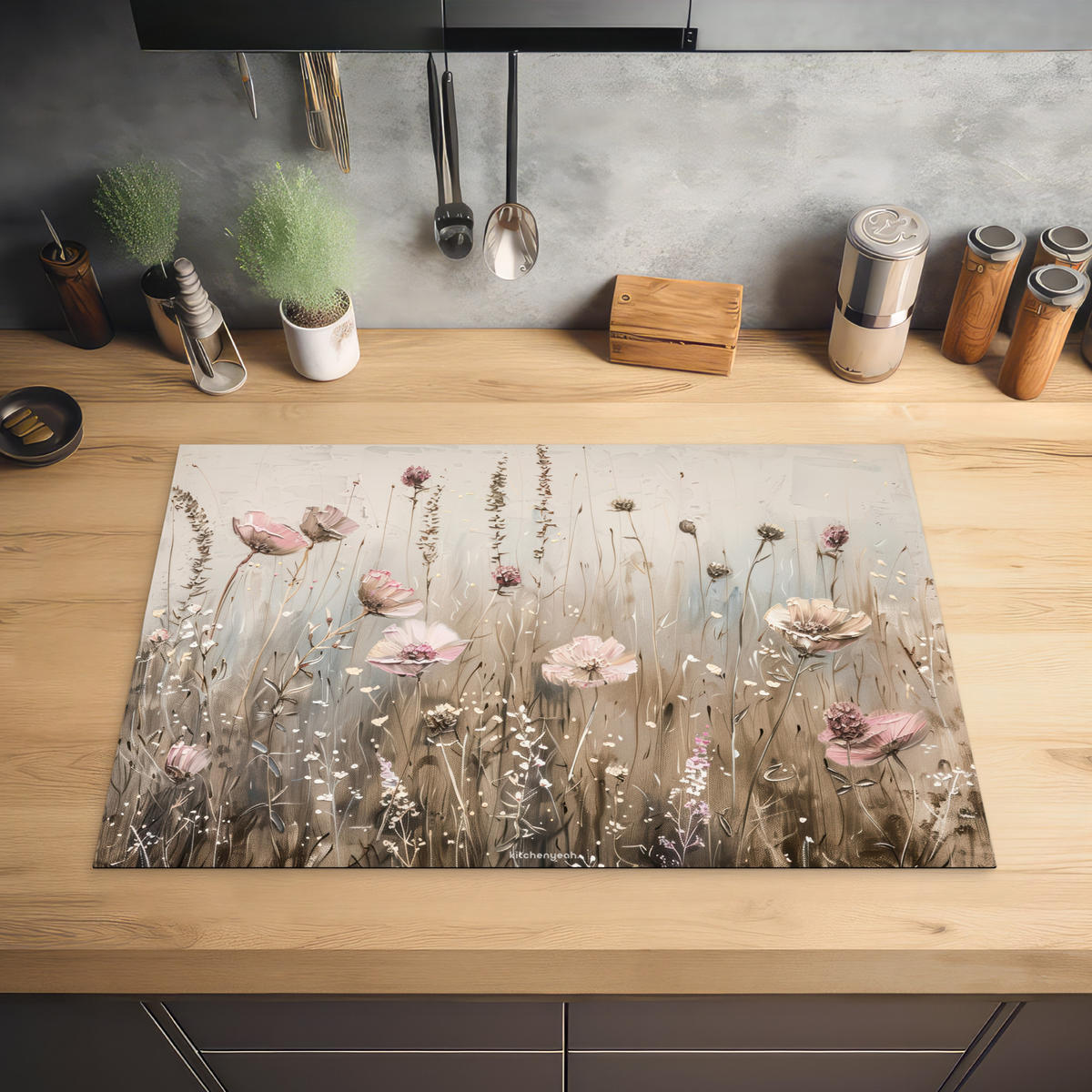 HERABDECKPLATTE - Blumen - Beige - Trockenblumen - 74x48 - Beige, Kunststoff (74/48/0.2cm) - MuchoWow