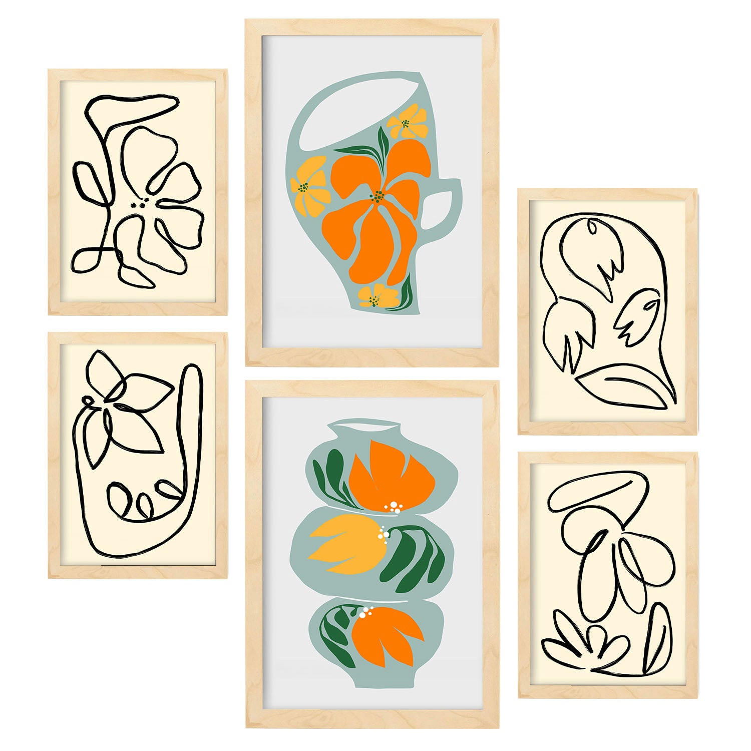 POSTER Set Mit 6 Demodierte Vase In Blume Zusammenfassung Ästhetische Dekorative Gemälde Für Ihr Wohnzimmer Zuhause A3 & A4 Rahmen Aus Hellem Holz - Beige, Papier (29/3cm) - Nacnic