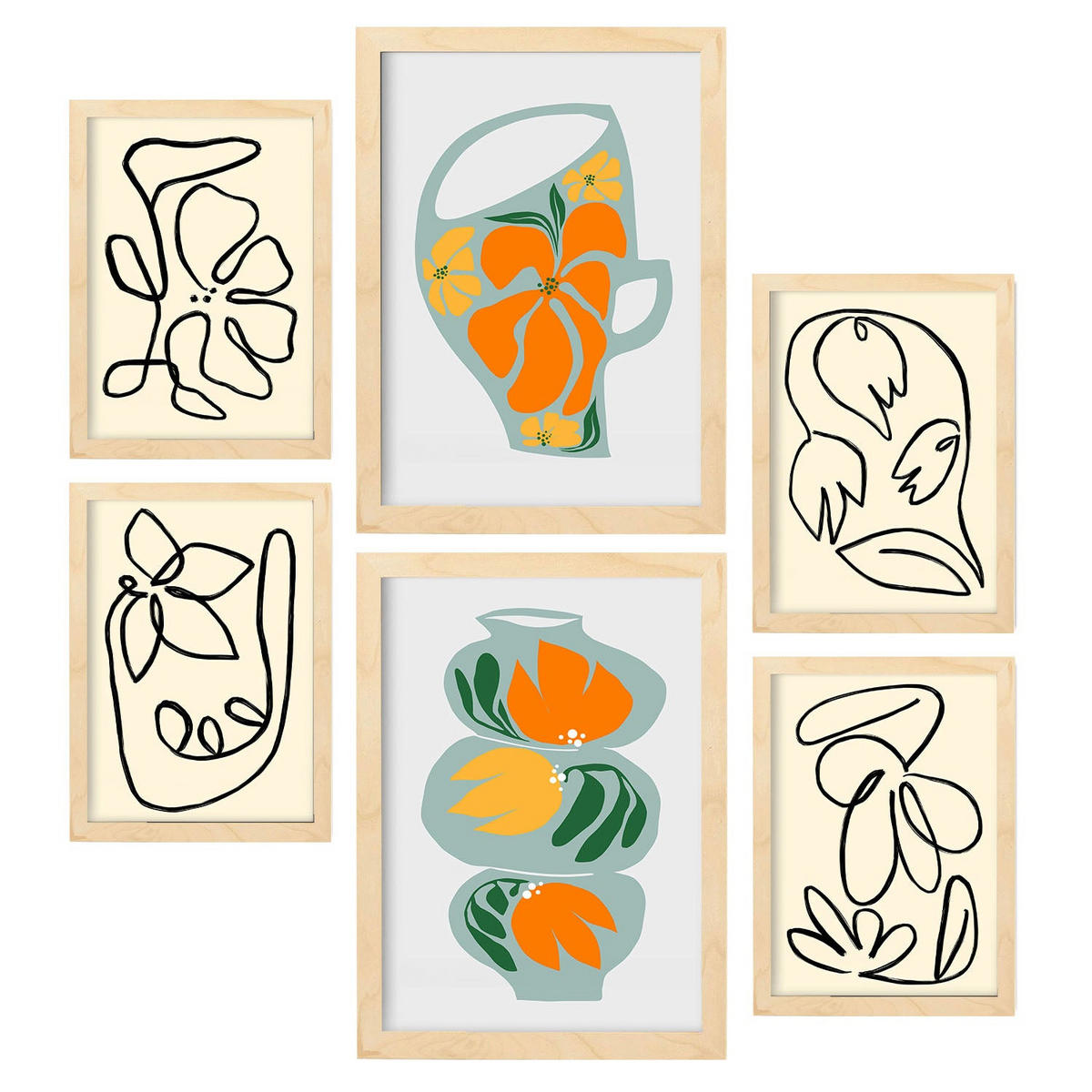 POSTER Set Mit 6 Demodierte Vase In Blume Zusammenfassung Ästhetische Dekorative Gemälde Für Ihr Wohnzimmer Zuhause A3 & A4 Rahmen Aus Hellem Holz - Beige, Papier (29/3cm) - Nacnic