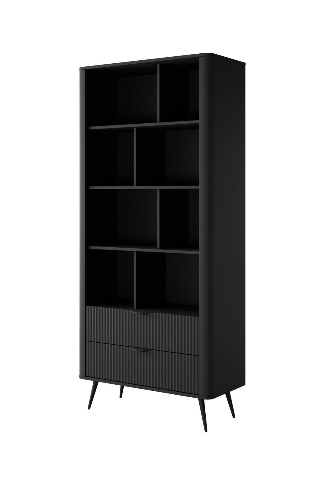 BÜCHERREGAL Lante, Schwarz, Zweischübig, Geriffelte Fronten, Standregal - Schwarz, Holzwerkstoff (88/194/38cm) - Bettso