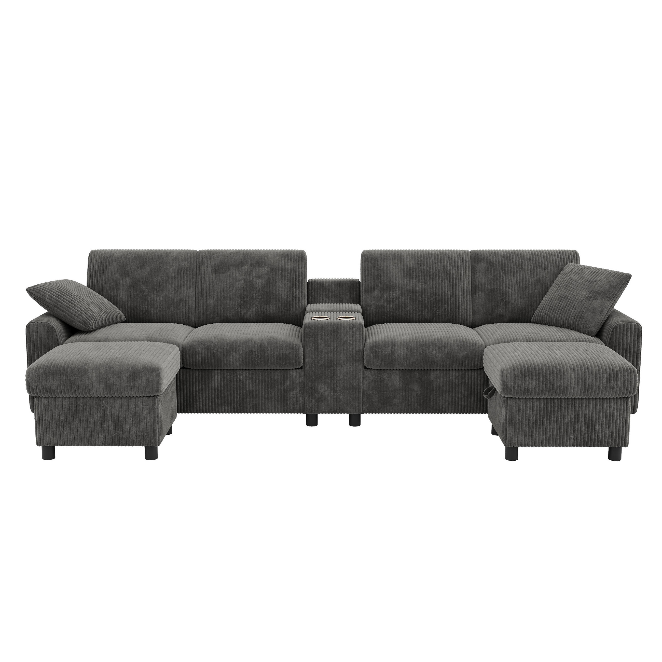 WOHNLANDSCHAFT 315/135/81 cm Grau mit 2 Fußhocker mit Stauraum und 1 Couchtisch - Grau, Textil (315/81/135cm) - Oxeza