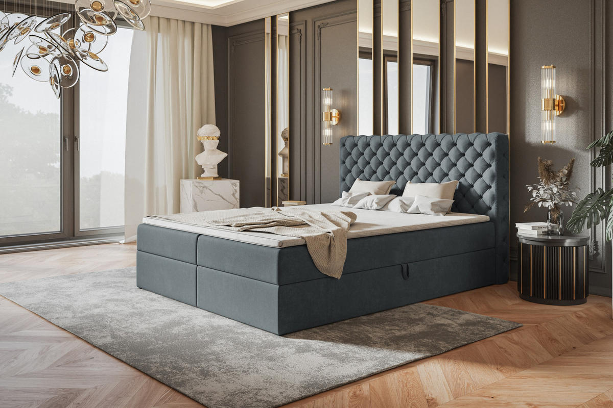 BOXBETT MIAMI mit 2 Bettkästen, 180x200, Farbe: Dunkelgrau, Velourstoff, Doppelbett mit Bonell-Matratze - Dunkelgrau, Holz/Kunststoff (180/200cm) - Alpi-Möbel