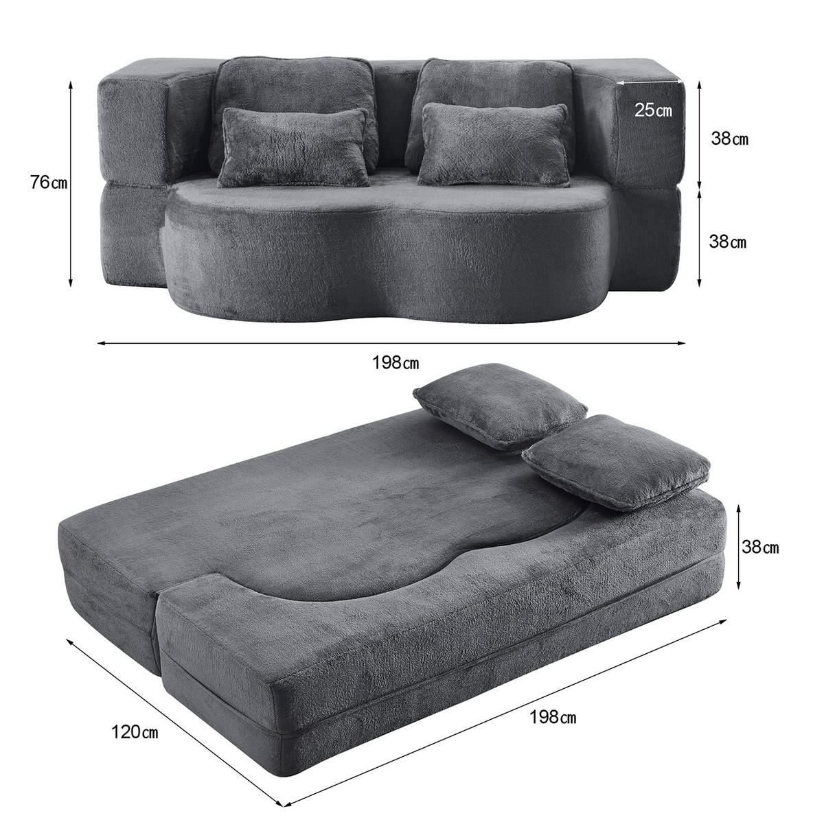 BODENSCHLAFSOFA klappbar mit hochdichtem Schaumstoff, 4 Kissen und 2-in-1-Funktion, Blau/Grau - Grau, Kunststoff (198/76/60cm) - Redom