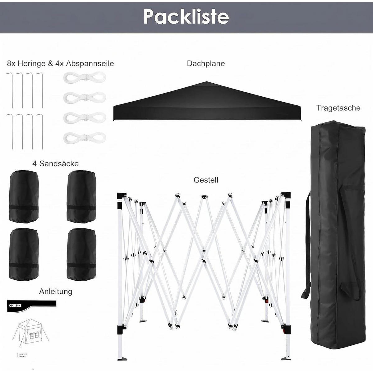 FALTPAVILLON 3x3m Wasserdicht UV-Schutz Schwarz - Schwarz, Textil (300/260/300cm)