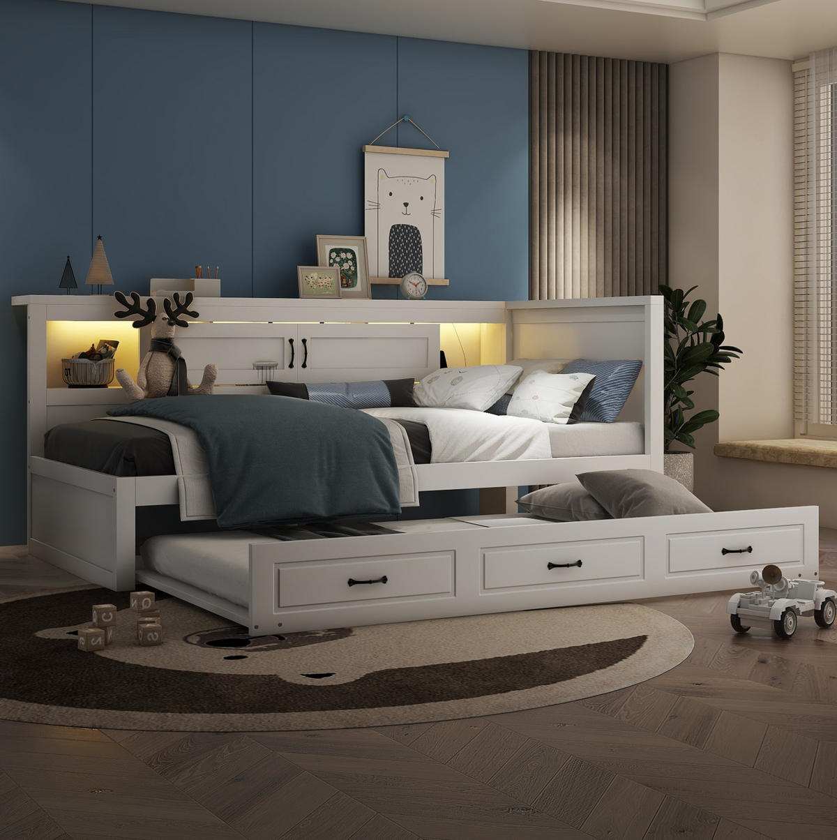BETT 90/200 cm in Weiß mit Kopfteil, Ausziehbett, Stauraum und LED - Weiß, Holzwerkstoff (90/200cm) - BEAOK