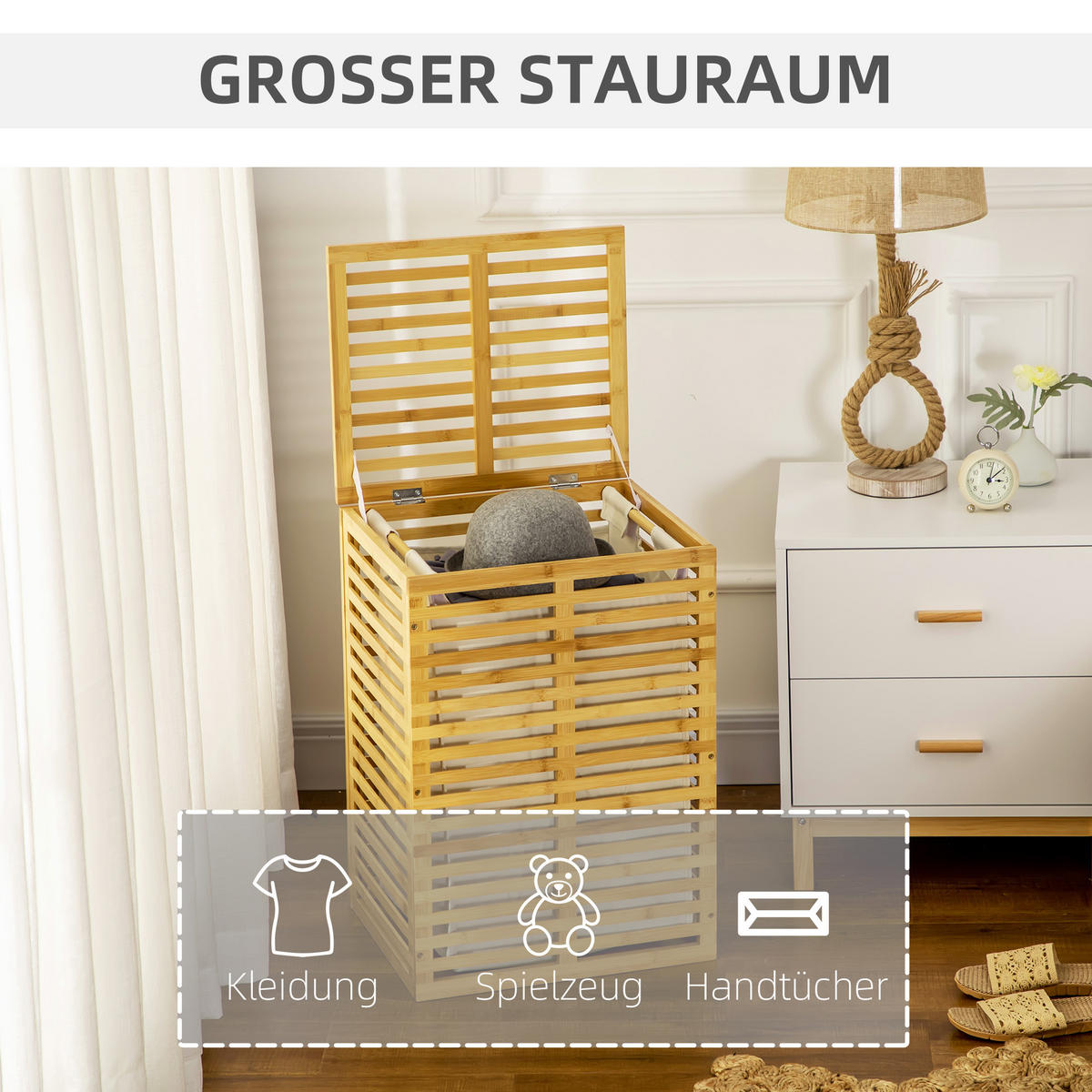 WÄSCHEKORB Bambus Polyester Naturholz - Naturfarben, Holzwerkstoff (37/62.5/44cm) - HOMCOM