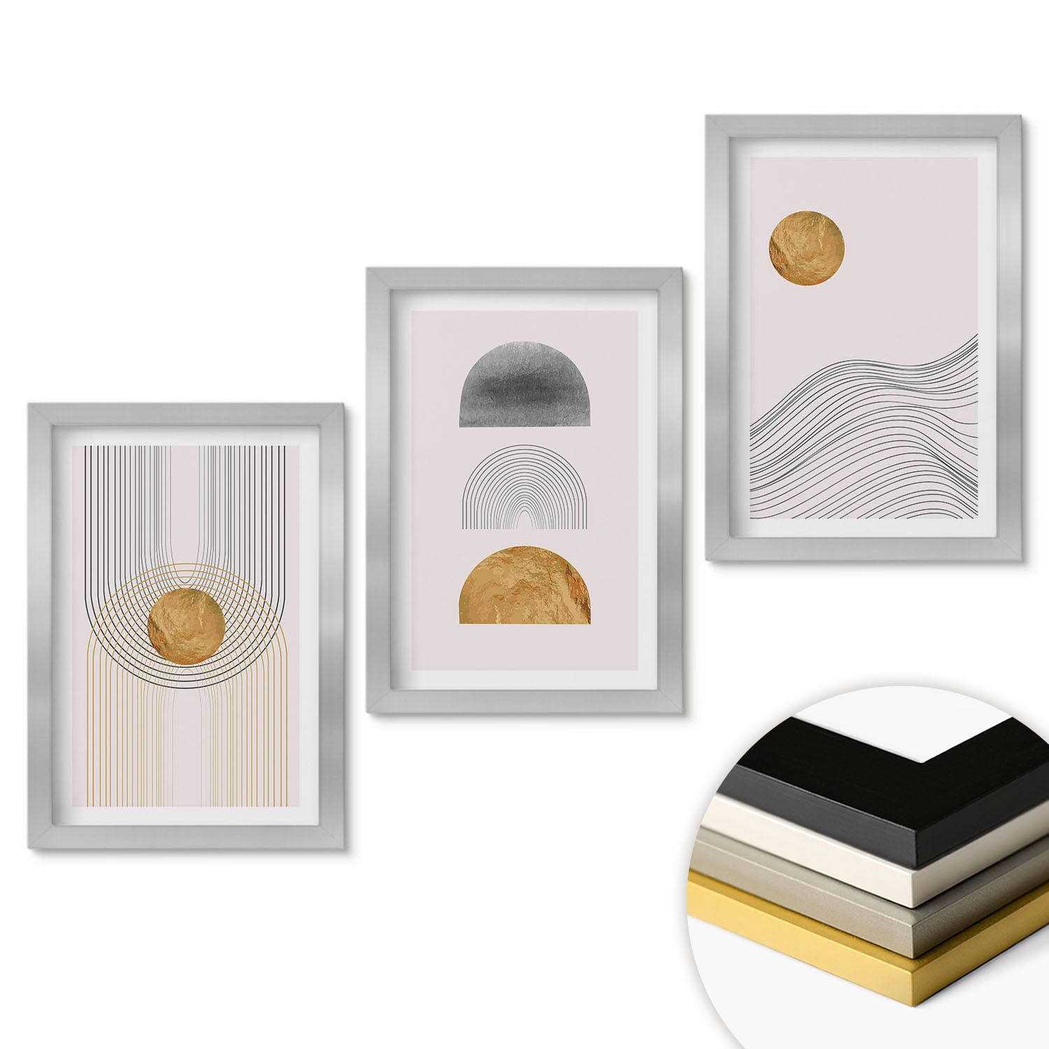 WANDBILDER 3er Set - 20x30 cm Silberner Rahmen - Abstrakte Formen in Beige und Grau - Silberfarben, Kunststoff (20/30cm) - ArtPrintCave